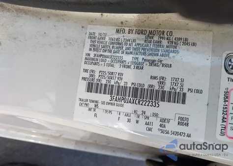 2012 Ford Fusion Sel из США, поврежденный, VIN 3FAHP0JAXCR222335